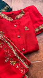 Red muslin silk embroidery hand worked 3 piece kurti set - Threads