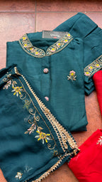 Bottle green muslin silk embroidery hand worked 3 piece kurti set - Threads