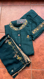 Bottle green muslin silk embroidery hand worked 3 piece kurti set - Threads