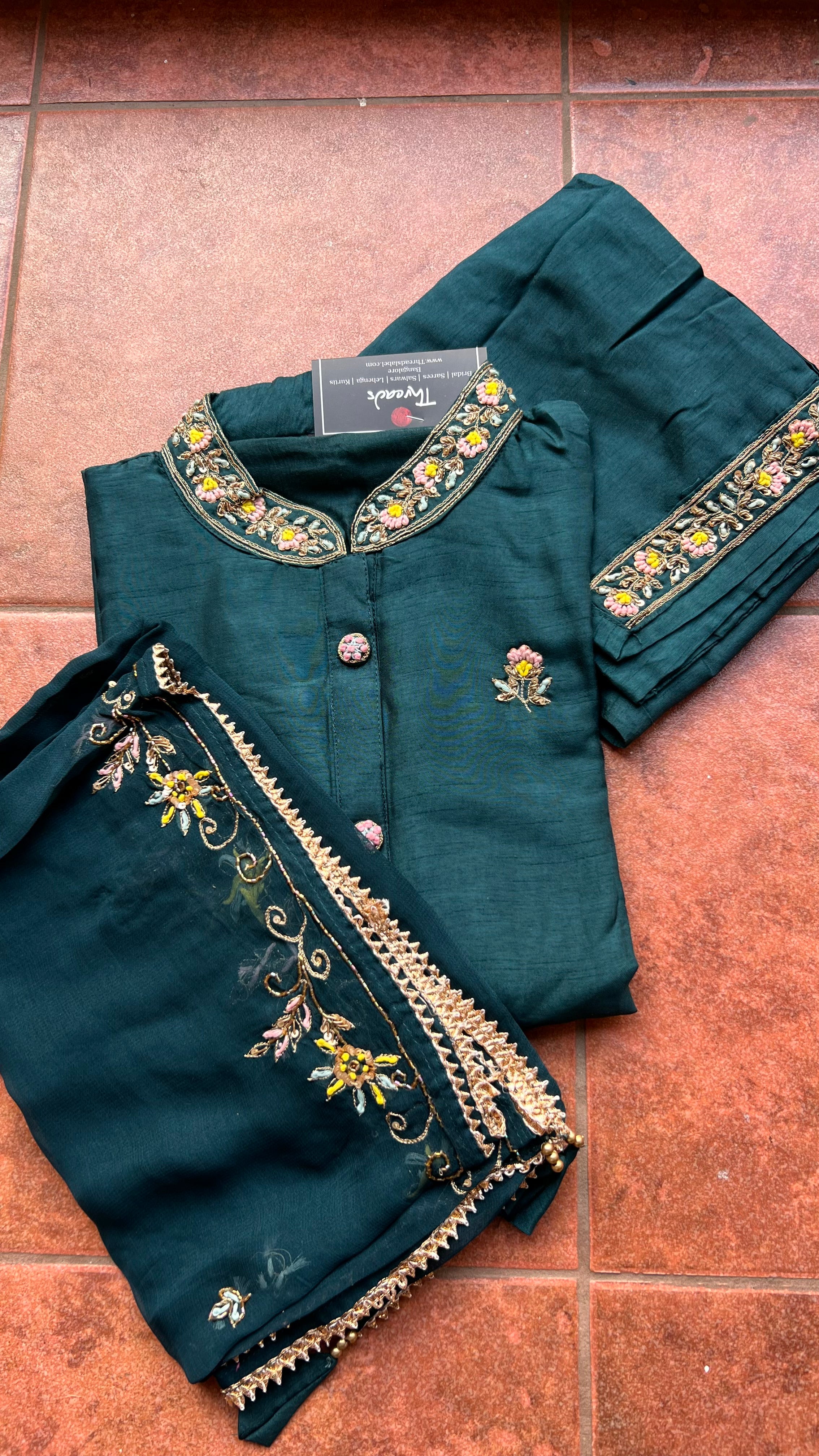 Bottle green muslin silk embroidery hand worked 3 piece kurti set - Threads