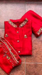 Red muslin silk embroidery hand worked 3 piece kurti set - Threads