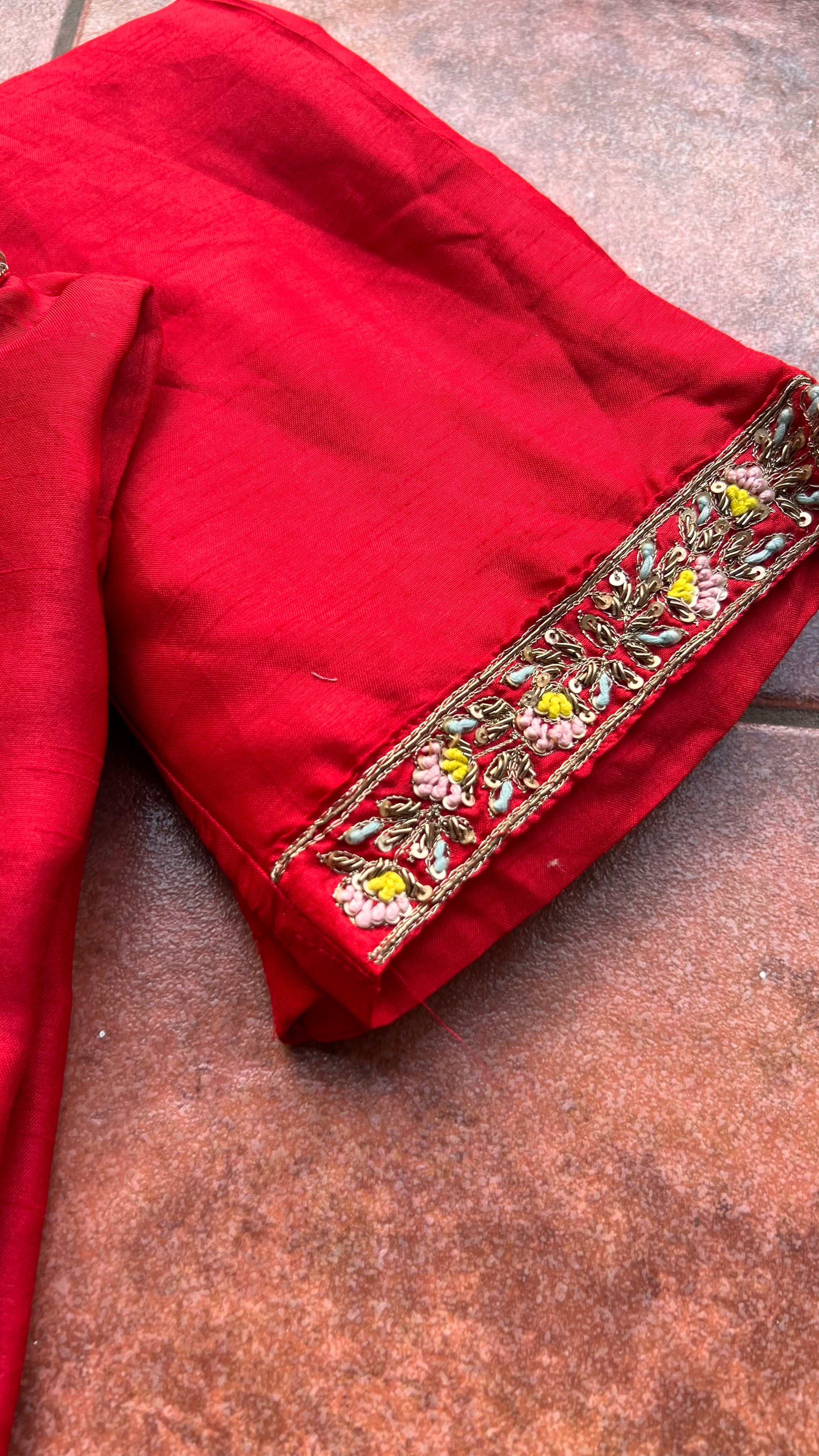 Red muslin silk embroidery hand worked 3 piece kurti set - Threads