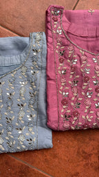 Grey silk mirror embroidery hand worked 3 piece kurti set - Threads