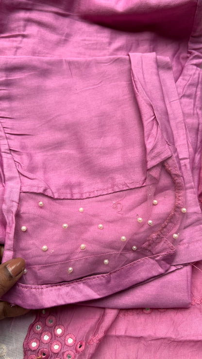 Pink silk mirror embroidery hand worked 3 piece kurti set - Threads