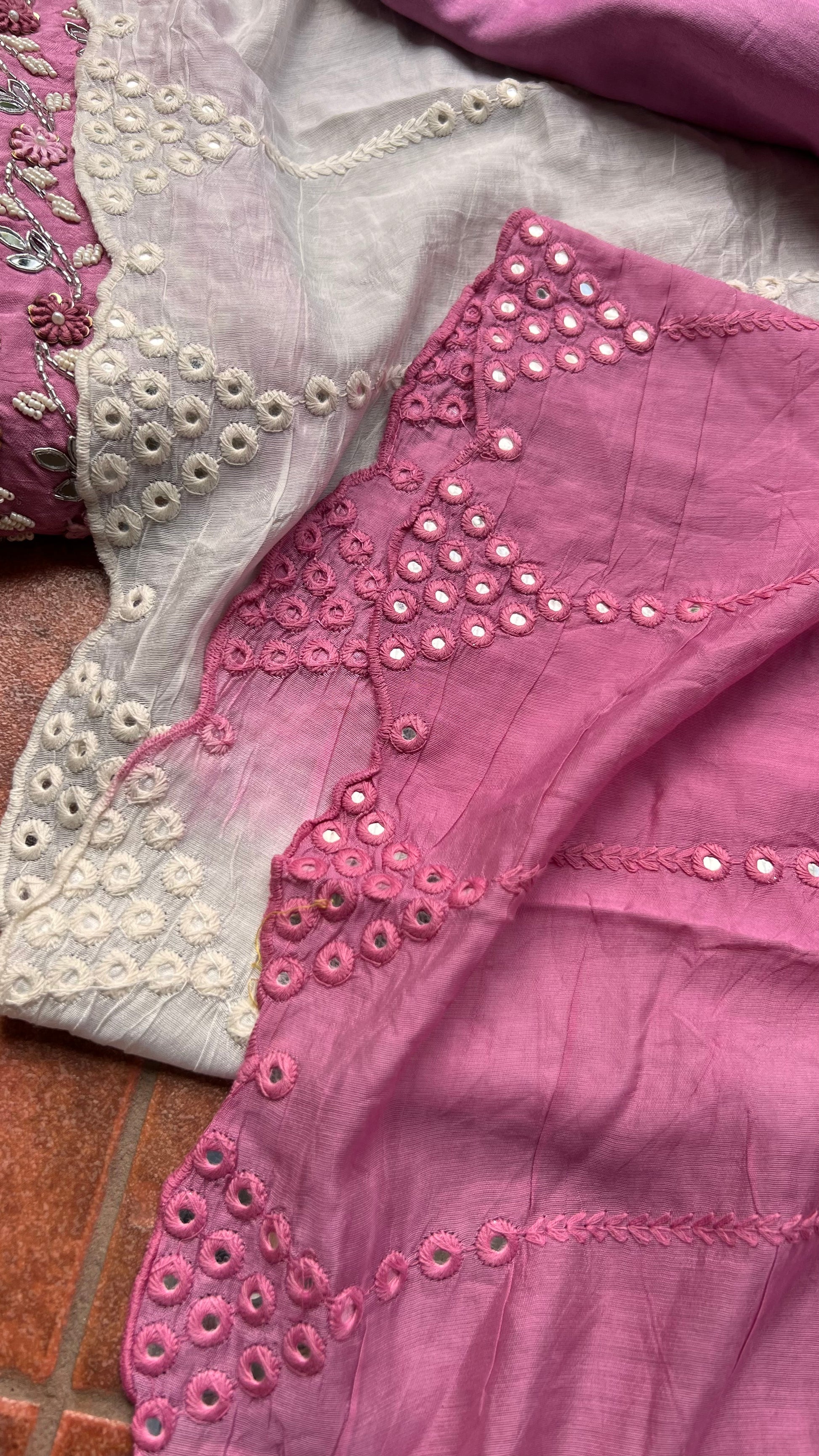 Pink silk mirror embroidery hand worked 3 piece kurti set - Threads