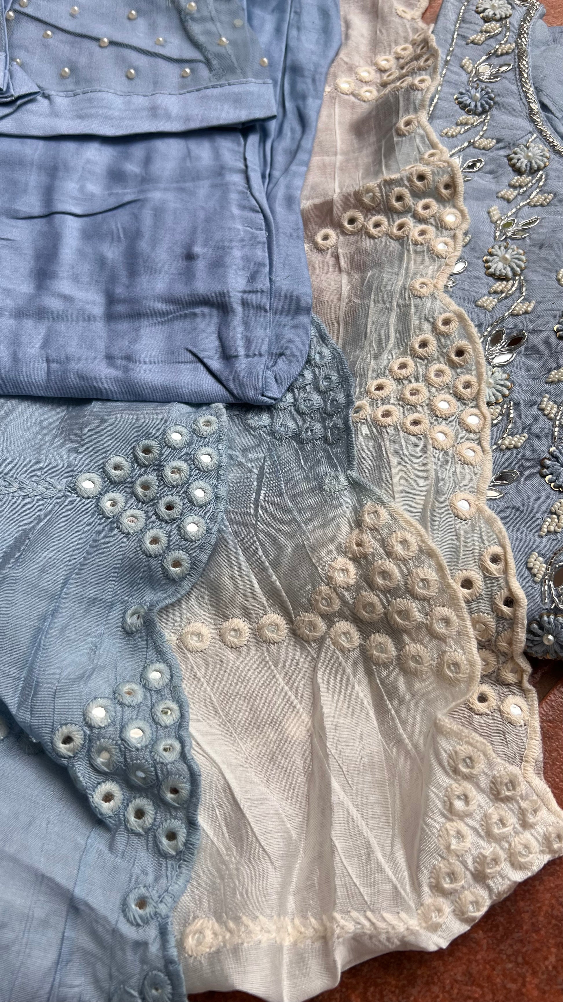Grey silk mirror embroidery hand worked 3 piece kurti set - Threads