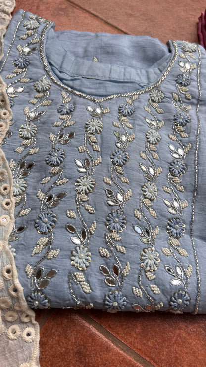 Grey silk mirror embroidery hand worked 3 piece kurti set - Threads