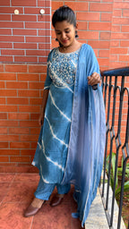 Blue silk muslin embroidery hand worked 3 piece kurti set - Threads