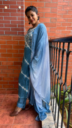 Blue silk muslin embroidery hand worked 3 piece kurti set - Threads