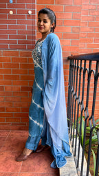 Blue silk muslin embroidery hand worked 3 piece kurti set - Threads