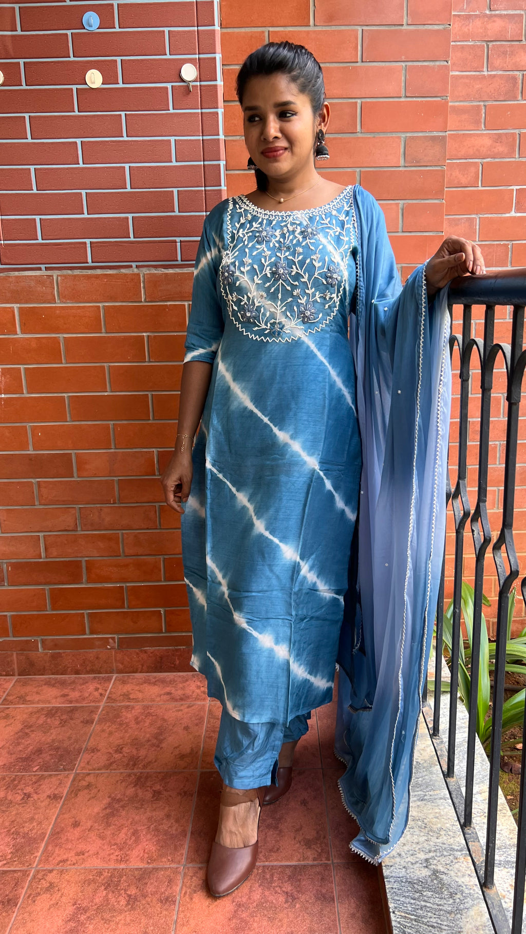 Blue silk muslin embroidery hand worked 3 piece kurti set - Threads