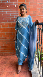 Blue silk muslin embroidery hand worked 3 piece kurti set - Threads