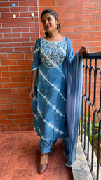 Blue silk muslin embroidery hand worked 3 piece kurti set - Threads