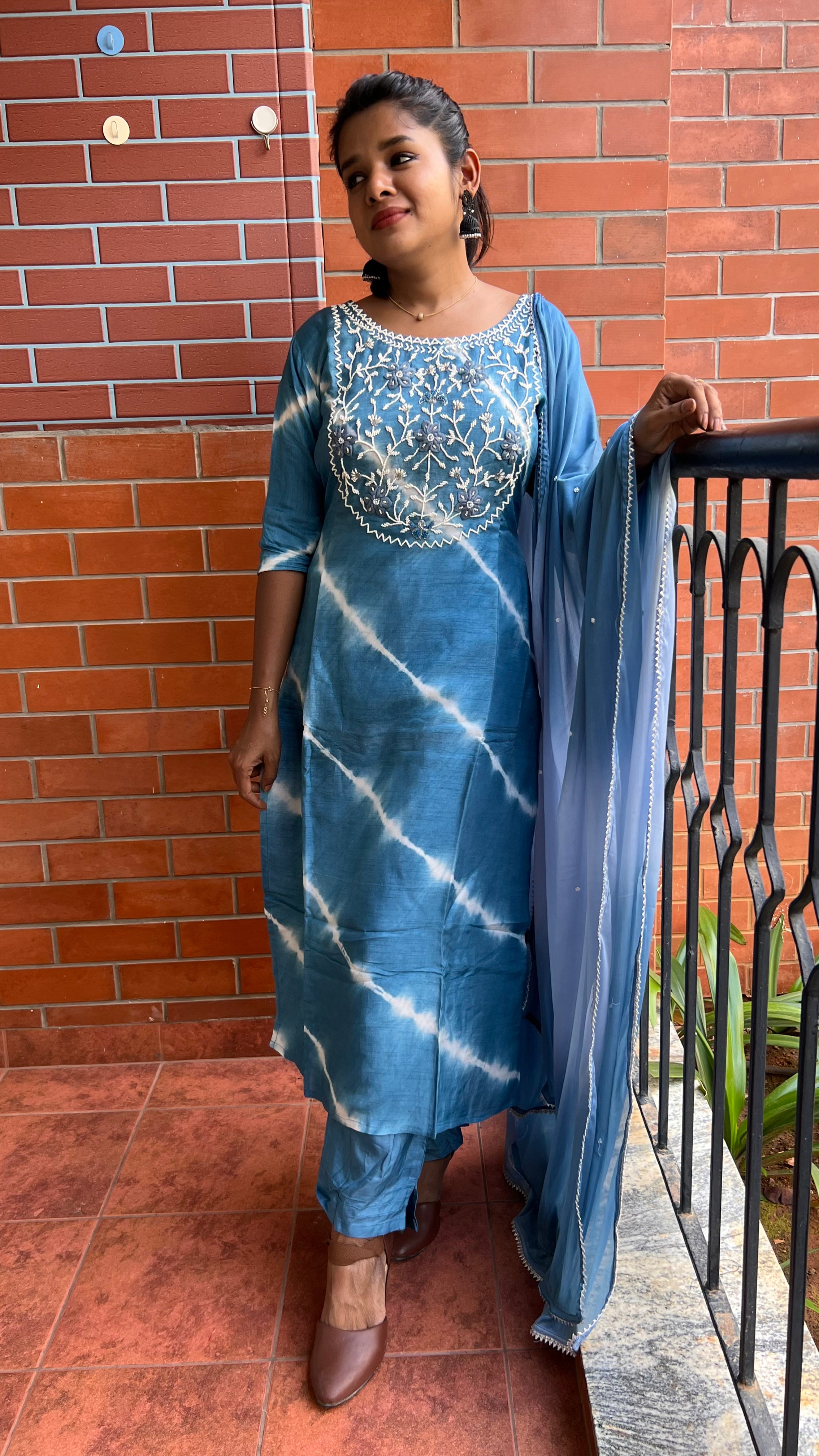 Blue silk muslin embroidery hand worked 3 piece kurti set - Threads