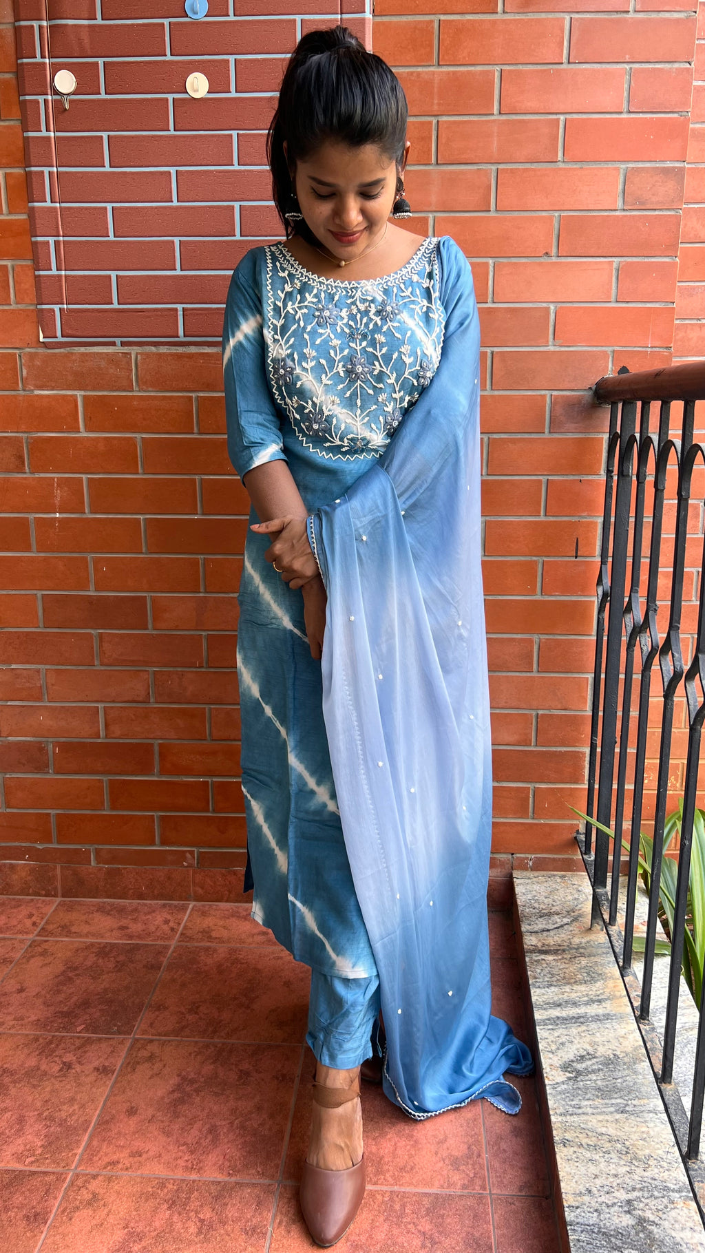 Blue silk muslin embroidery hand worked 3 piece kurti set - Threads