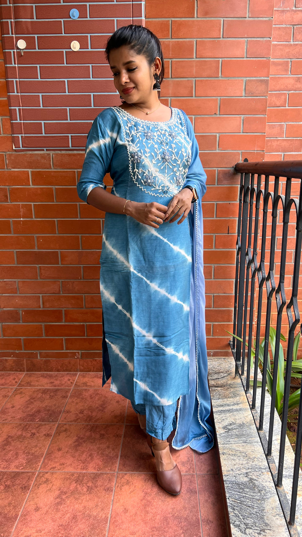 Blue silk muslin embroidery hand worked 3 piece kurti set - Threads