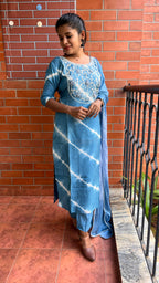 Blue silk muslin embroidery hand worked 3 piece kurti set - Threads