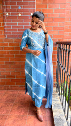 Blue silk muslin embroidery hand worked 3 piece kurti set - Threads