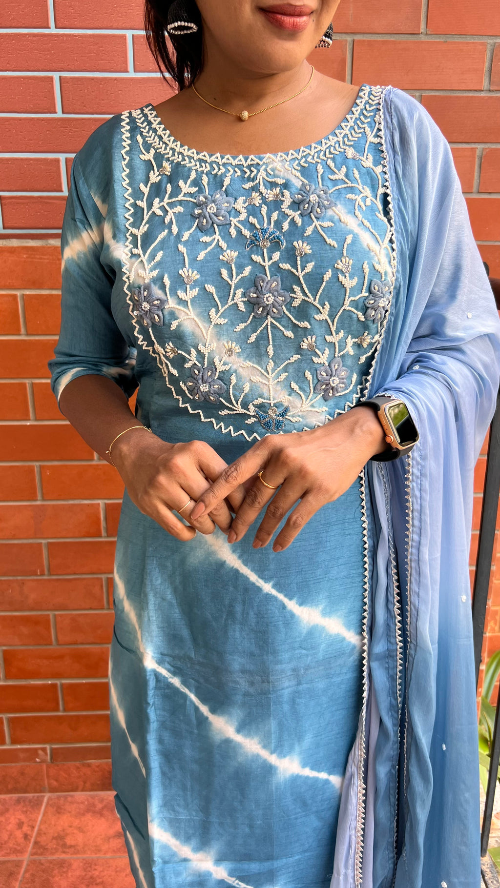 Blue silk muslin embroidery hand worked 3 piece kurti set - Threads