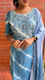 Blue silk muslin embroidery hand worked 3 piece kurti set - Threads