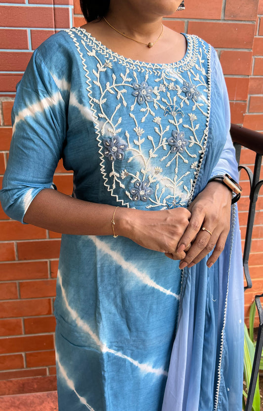 Blue silk muslin embroidery hand worked 3 piece kurti set - Threads