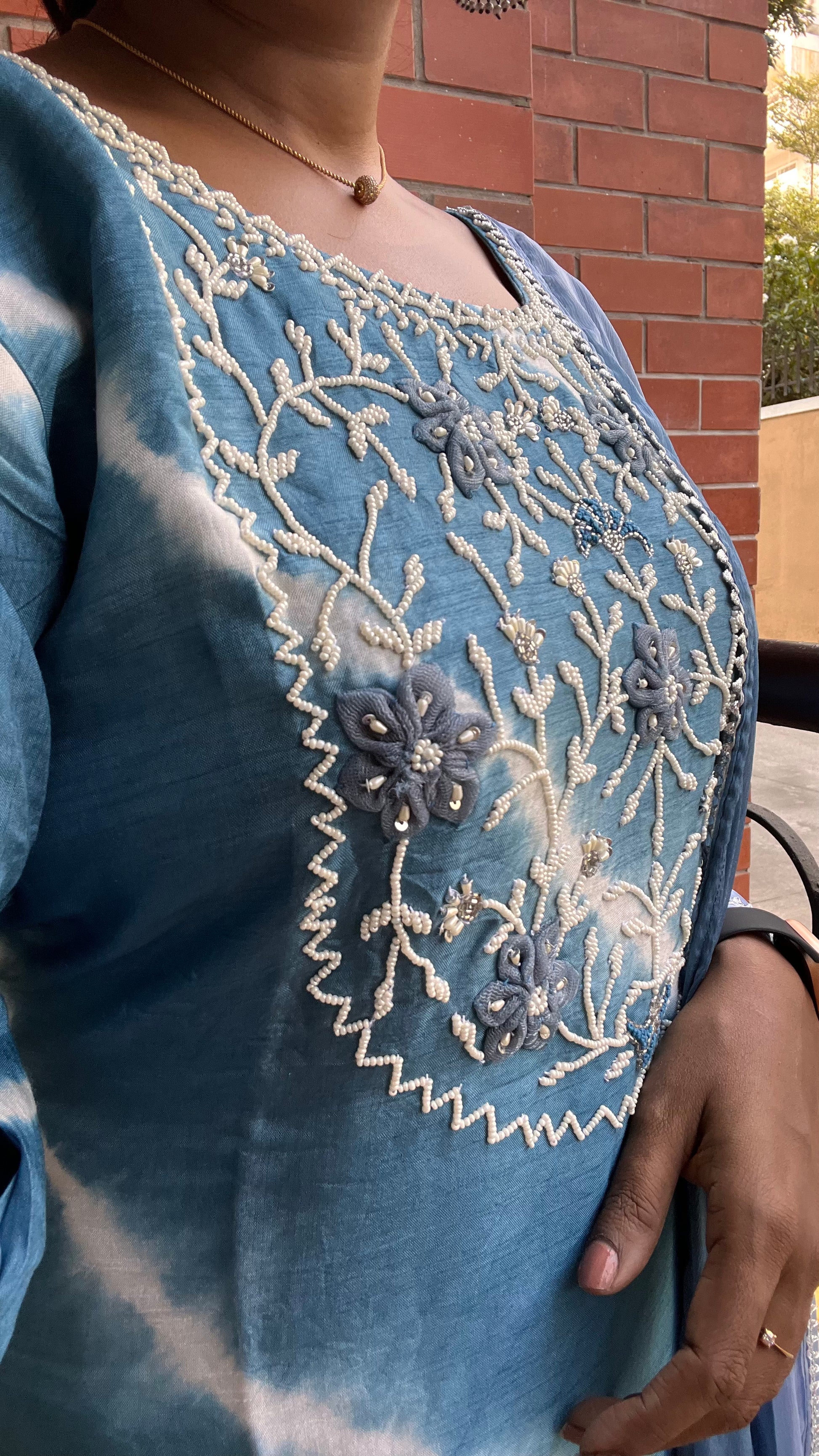 Blue silk muslin embroidery hand worked 3 piece kurti set - Threads