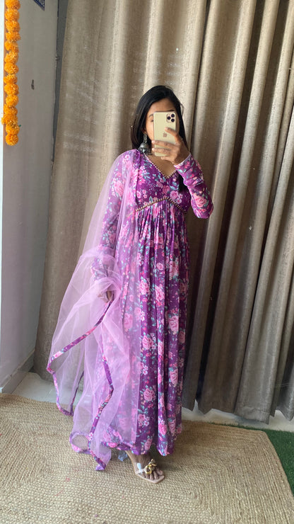 Purple floral georgette full length kurti dress