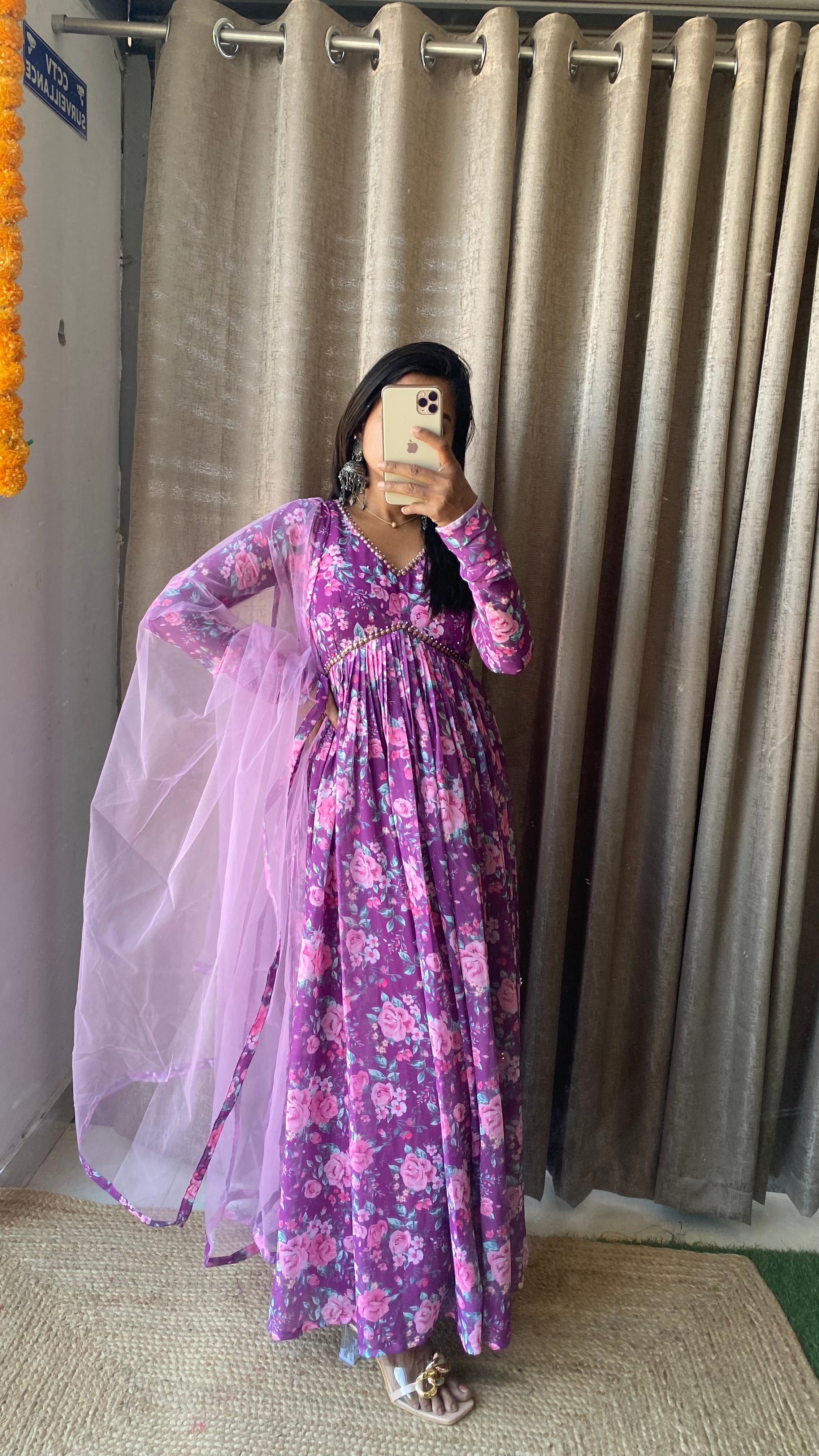 Purple floral georgette full length kurti dress