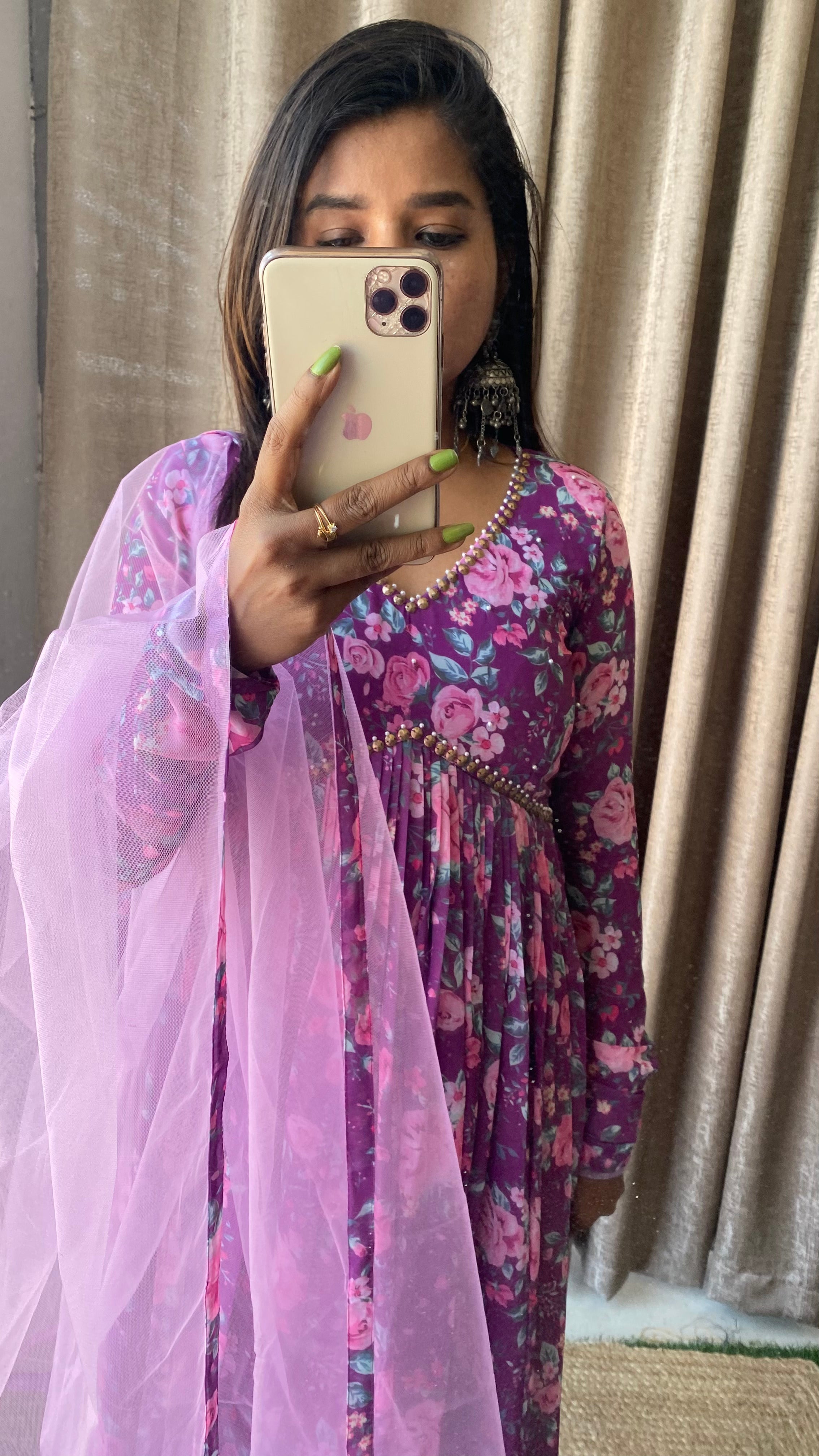 Purple floral georgette full length kurti dress