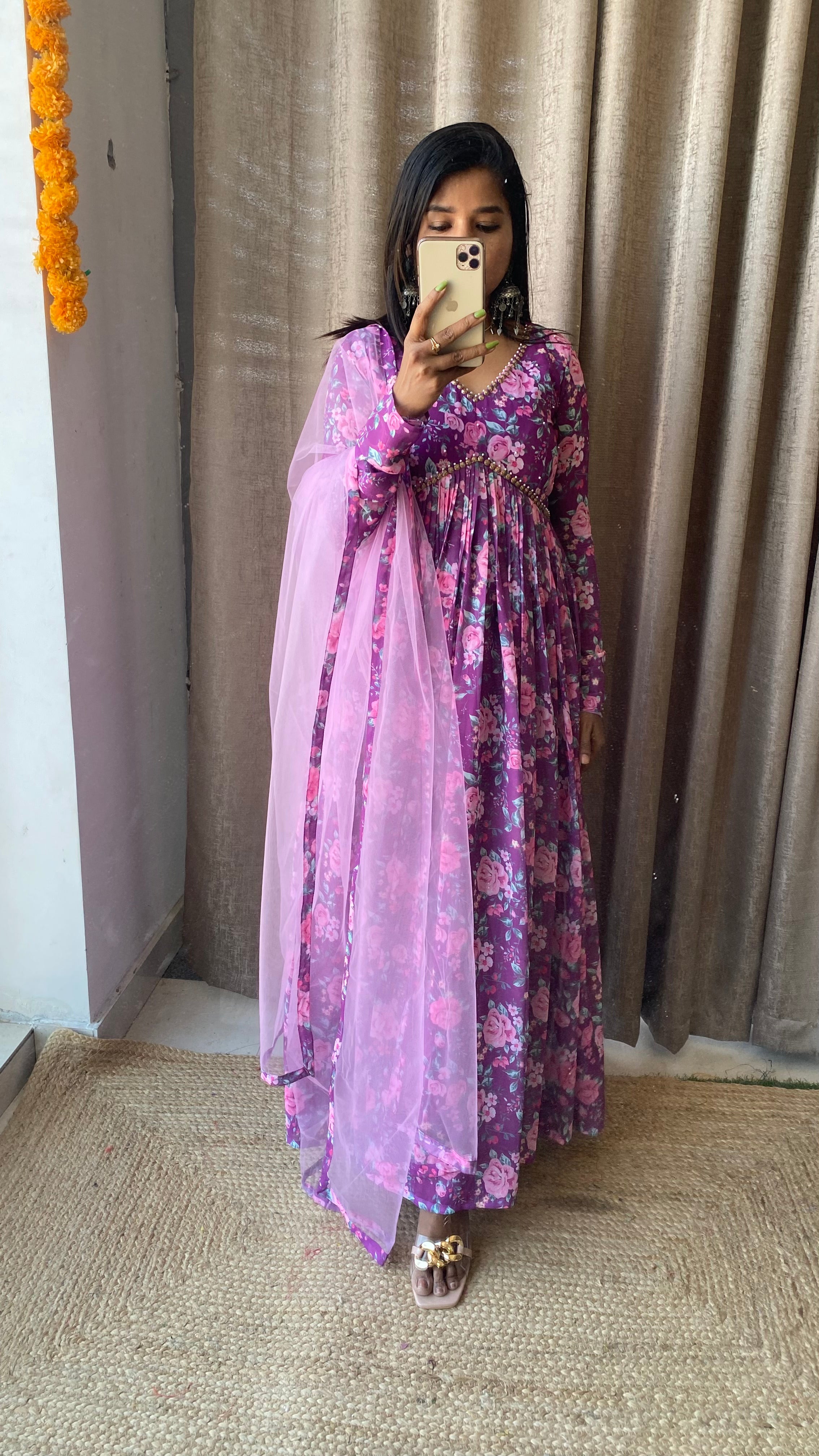 Purple floral georgette full length kurti dress