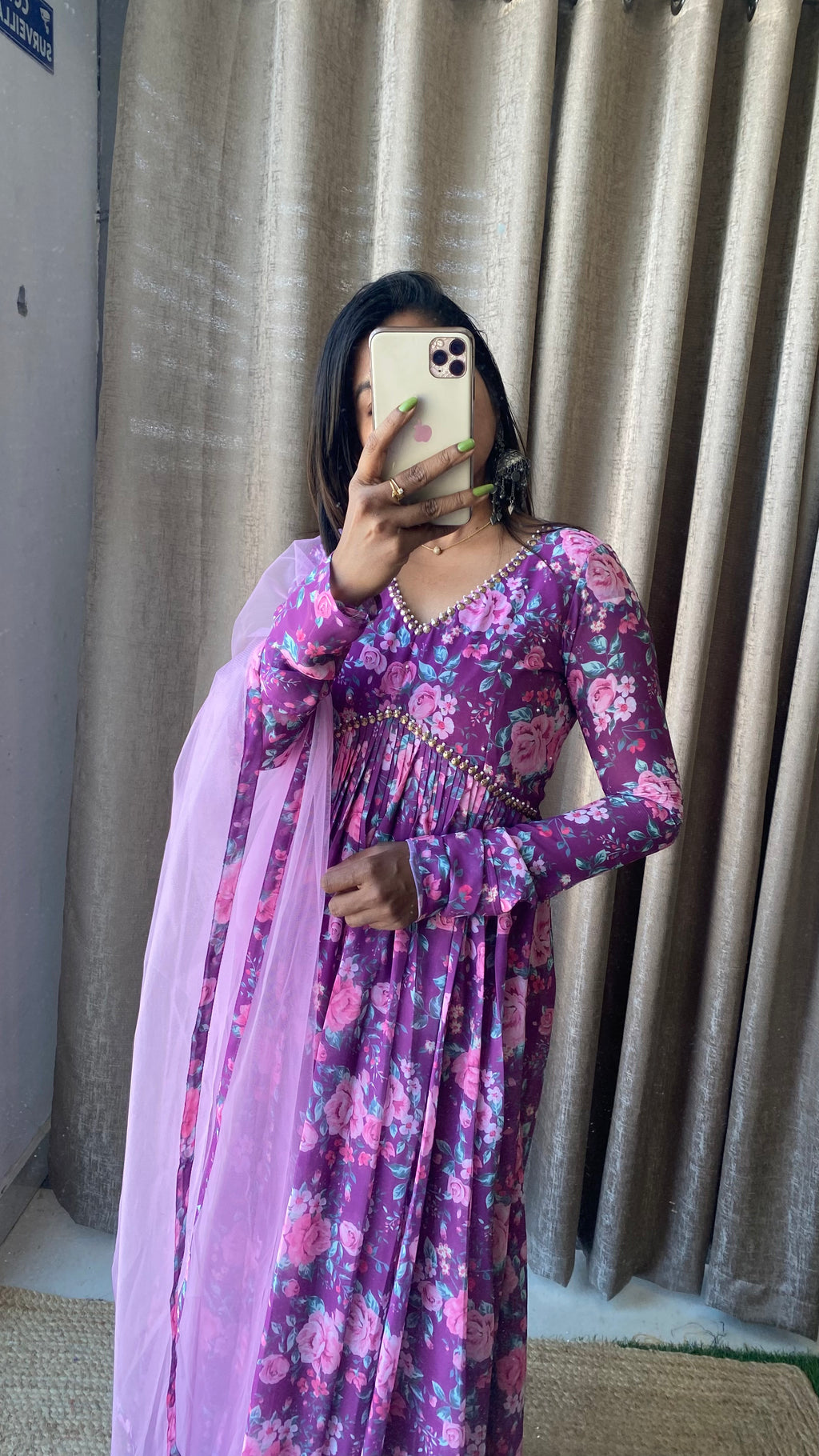 Purple floral georgette full length kurti dress