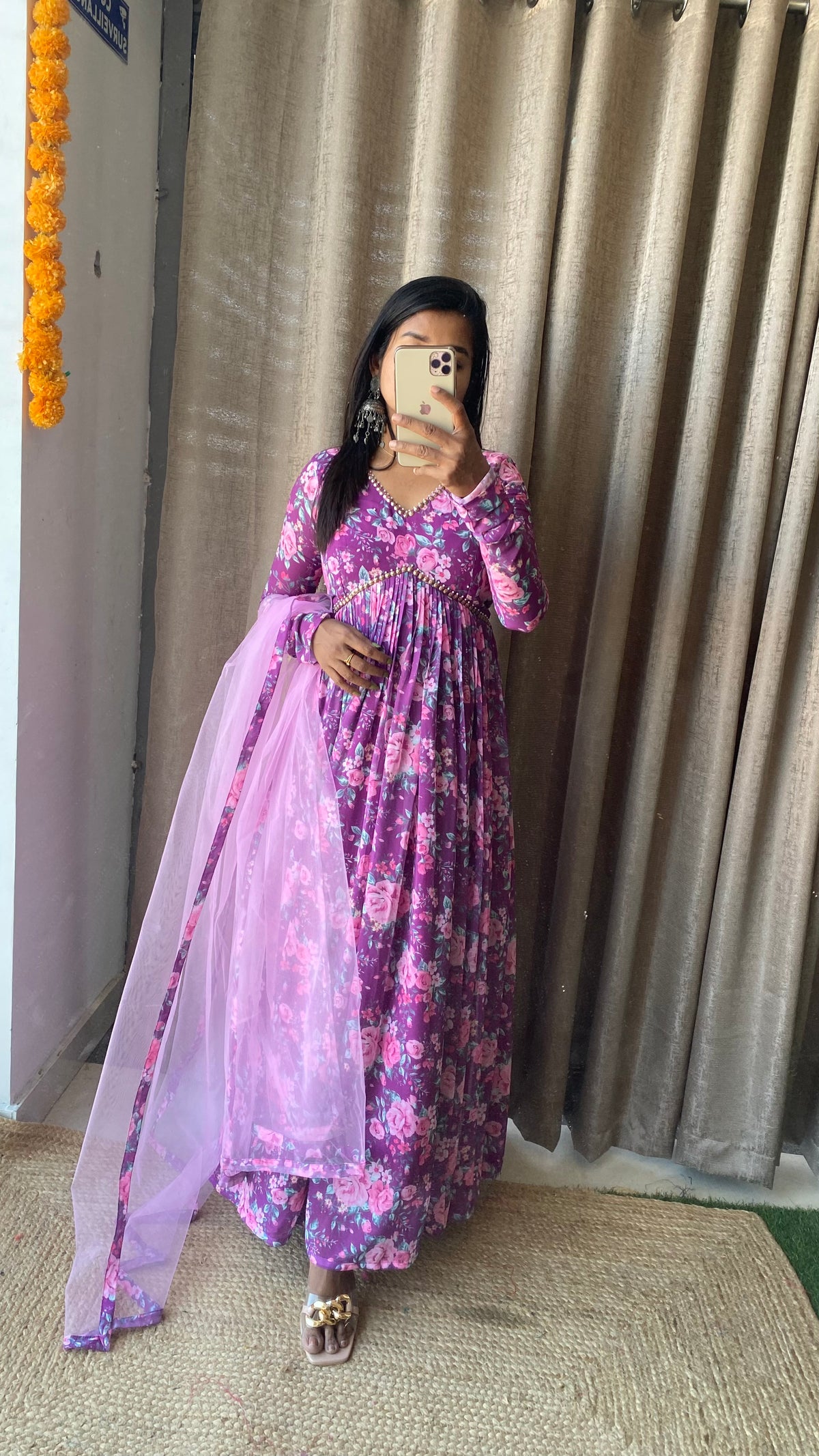 Purple floral georgette full length kurti dress