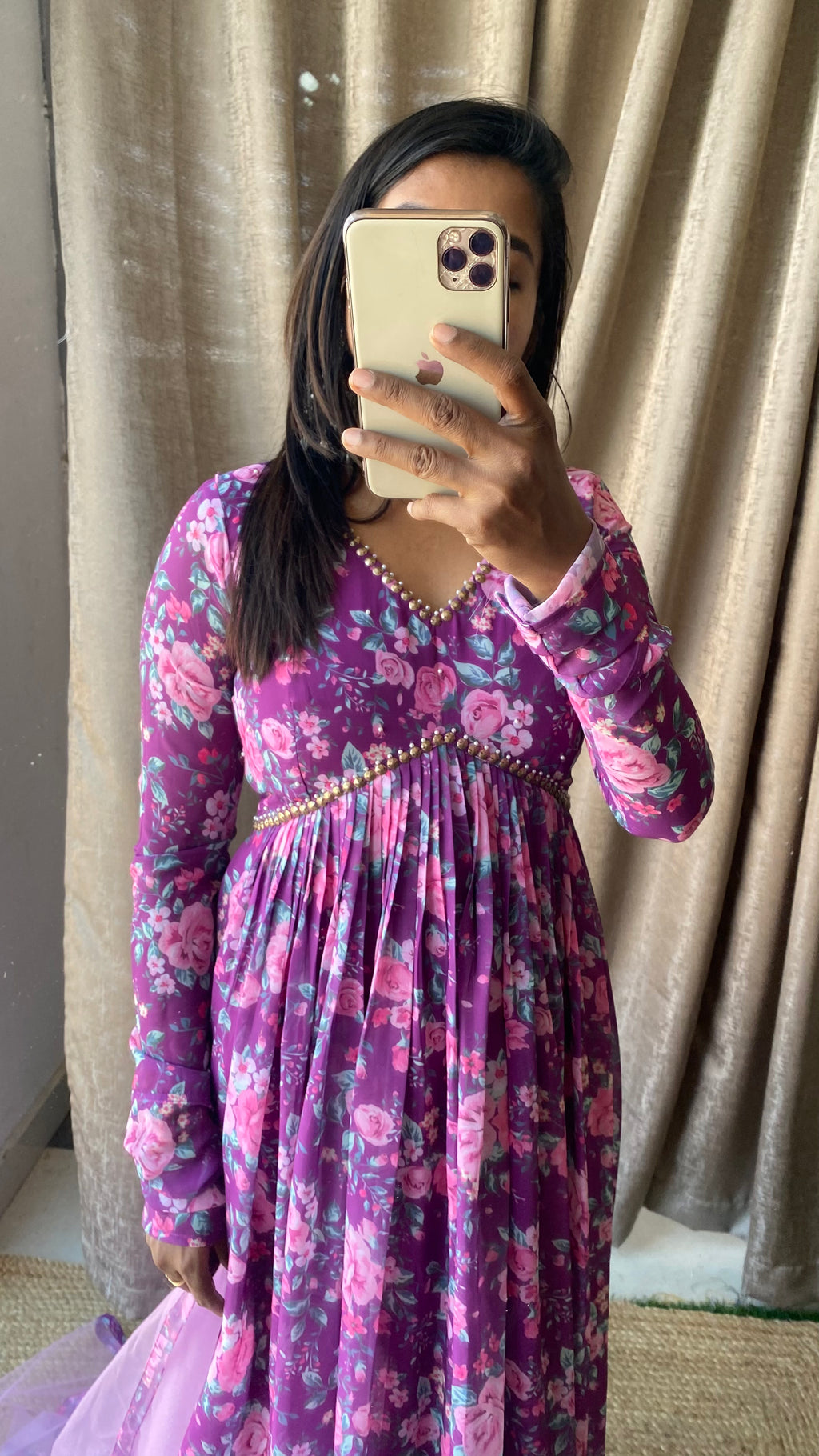 Purple floral georgette full length kurti dress