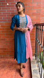 Prussian blue embroidery hand worked 2 piece kurti set - Threads