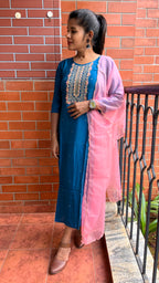 Prussian blue embroidery hand worked 2 piece kurti set - Threads