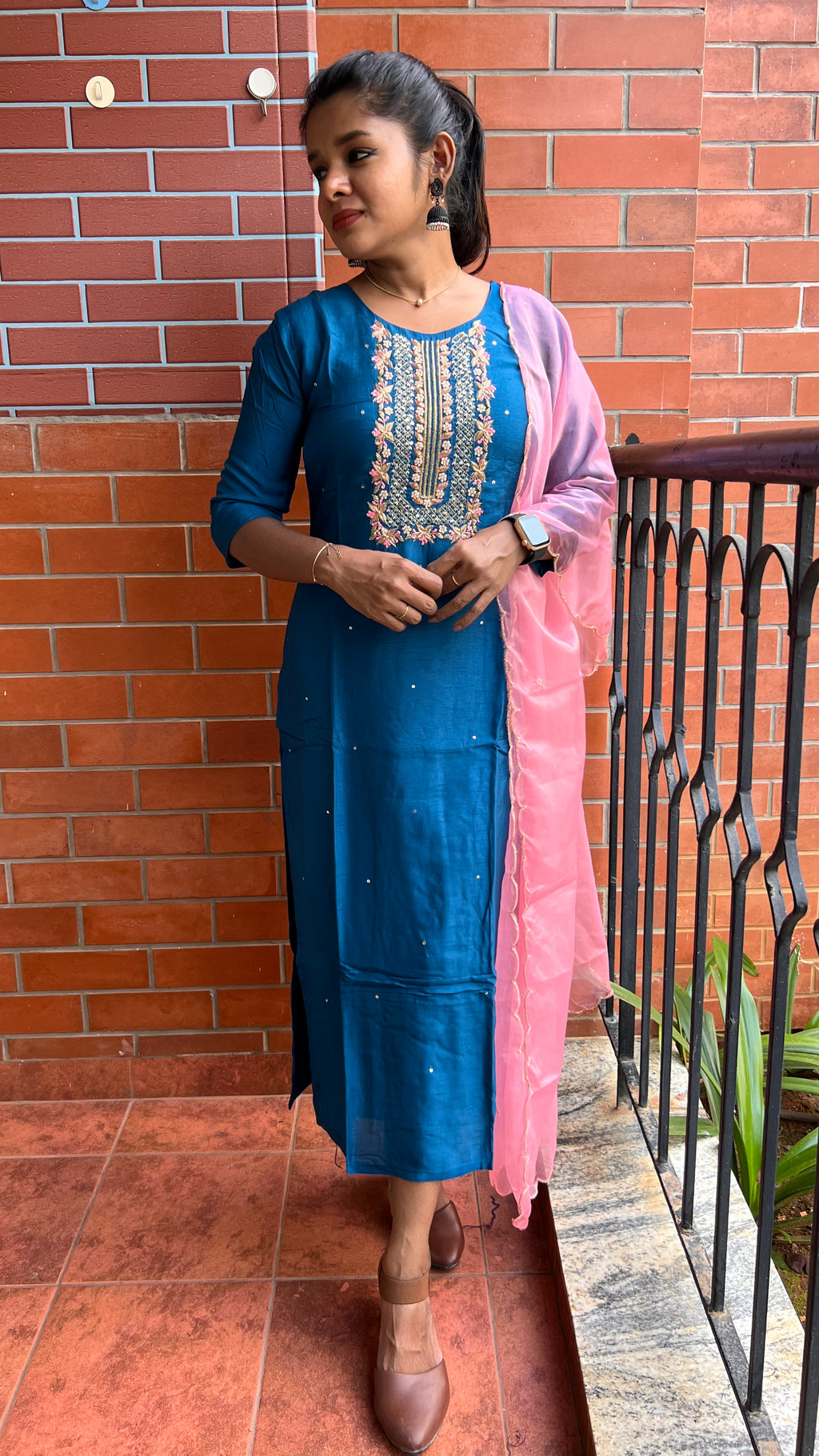 Prussian blue embroidery hand worked 2 piece kurti set - Threads