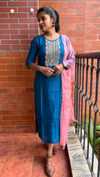 Prussian blue embroidery hand worked 2 piece kurti set - Threads