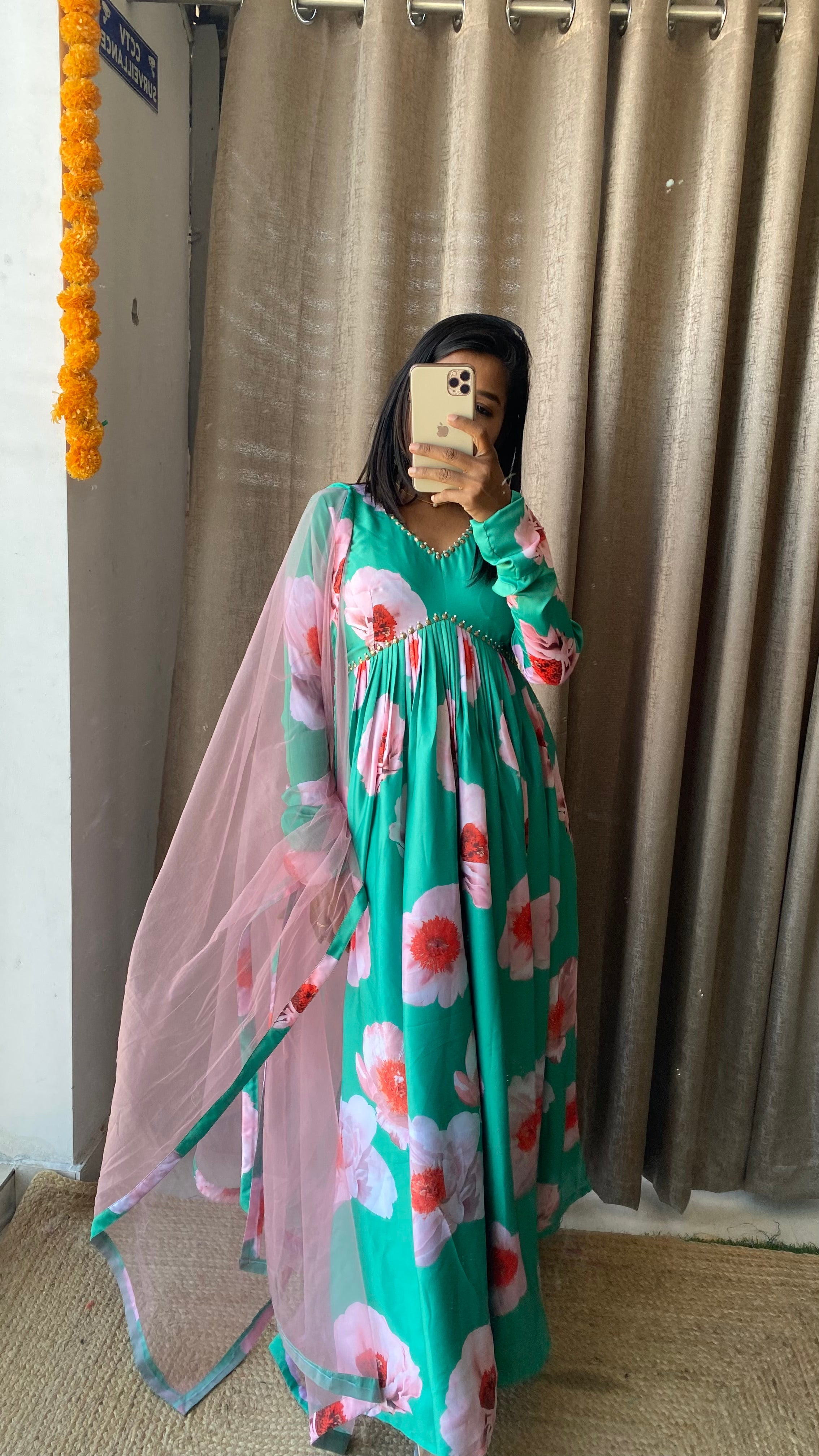 Sea green salwar suit of hand worked top and Duppata