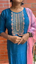 Prussian blue embroidery hand worked 2 piece kurti set - Threads