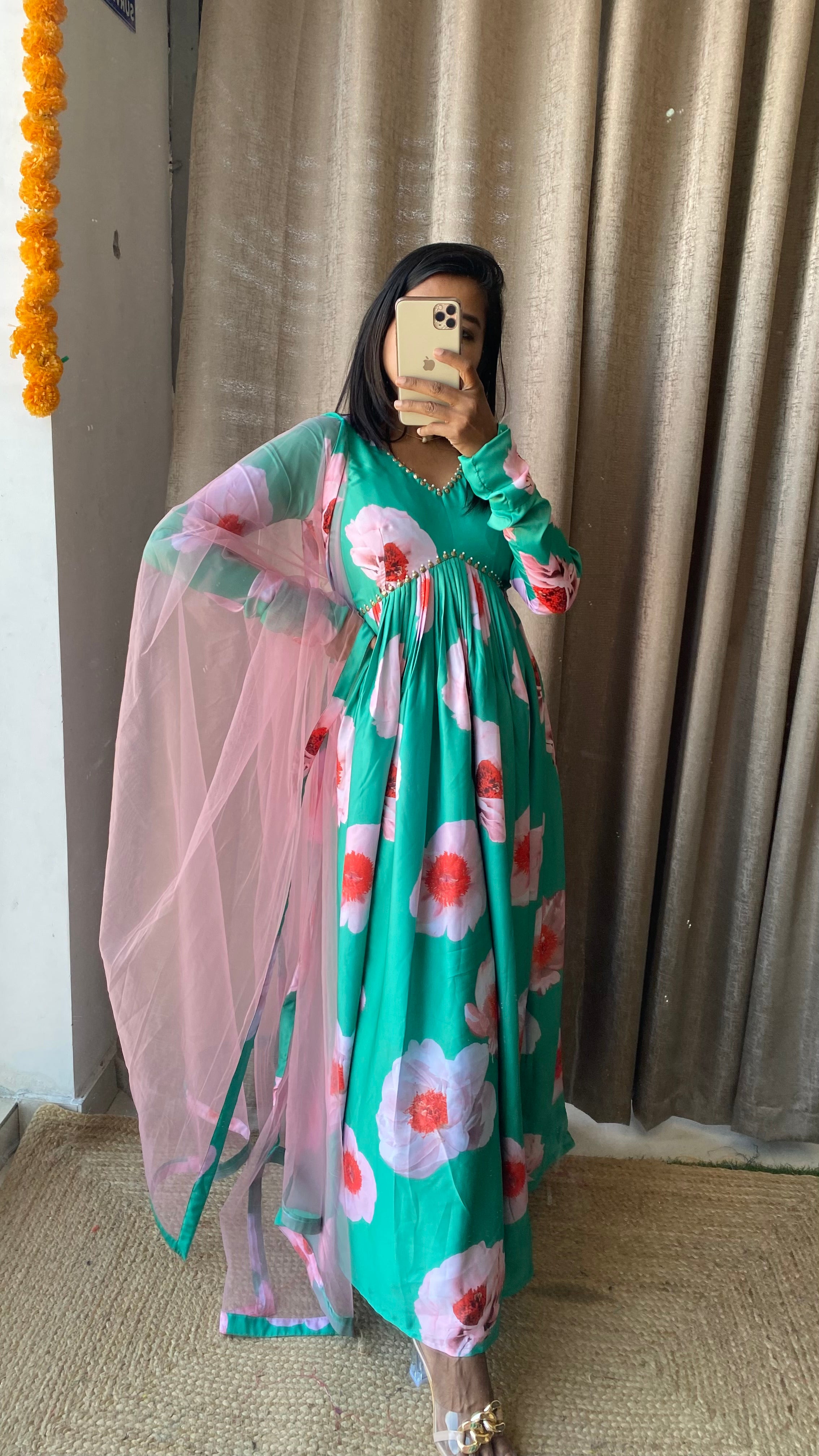 Sea green salwar suit of hand worked top and Duppata