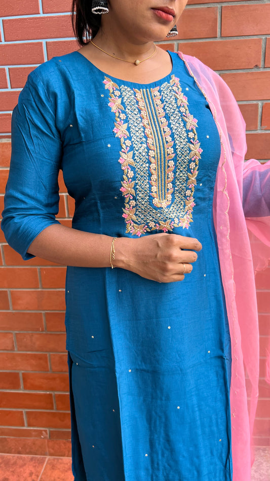 Prussian blue embroidery hand worked 2 piece kurti set - Threads