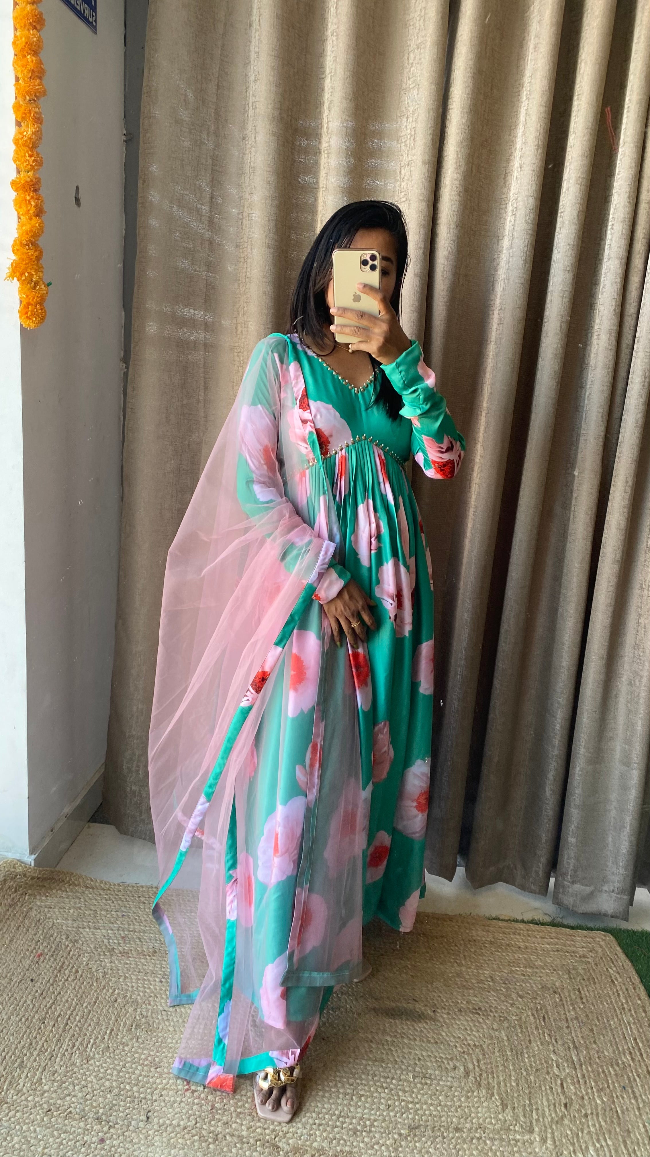 Sea green salwar suit of hand worked top and Duppata