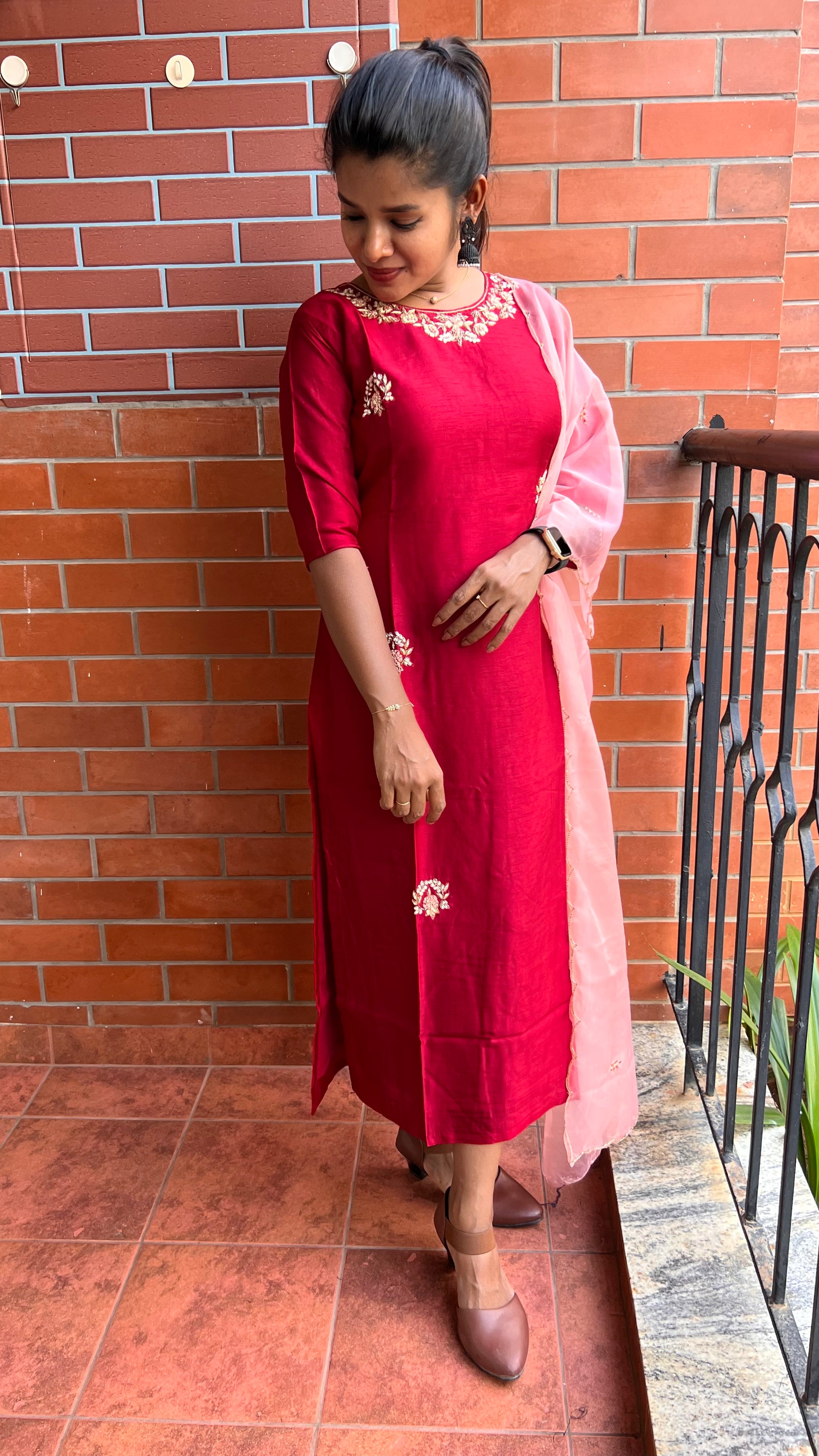 Red muslin silk embroidery hand worked 2 piece kurti set Threads