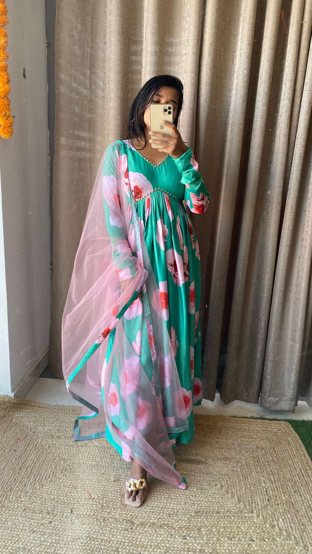 Sea green salwar suit of hand worked top and Duppata