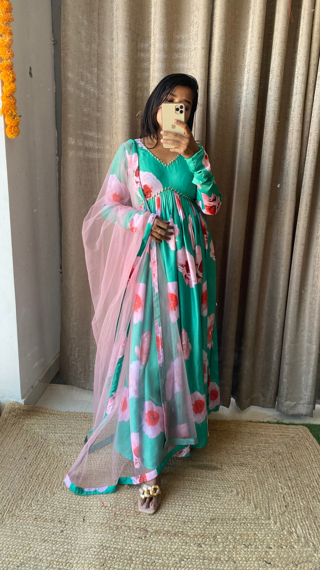 Sea green salwar suit of hand worked top and Duppata