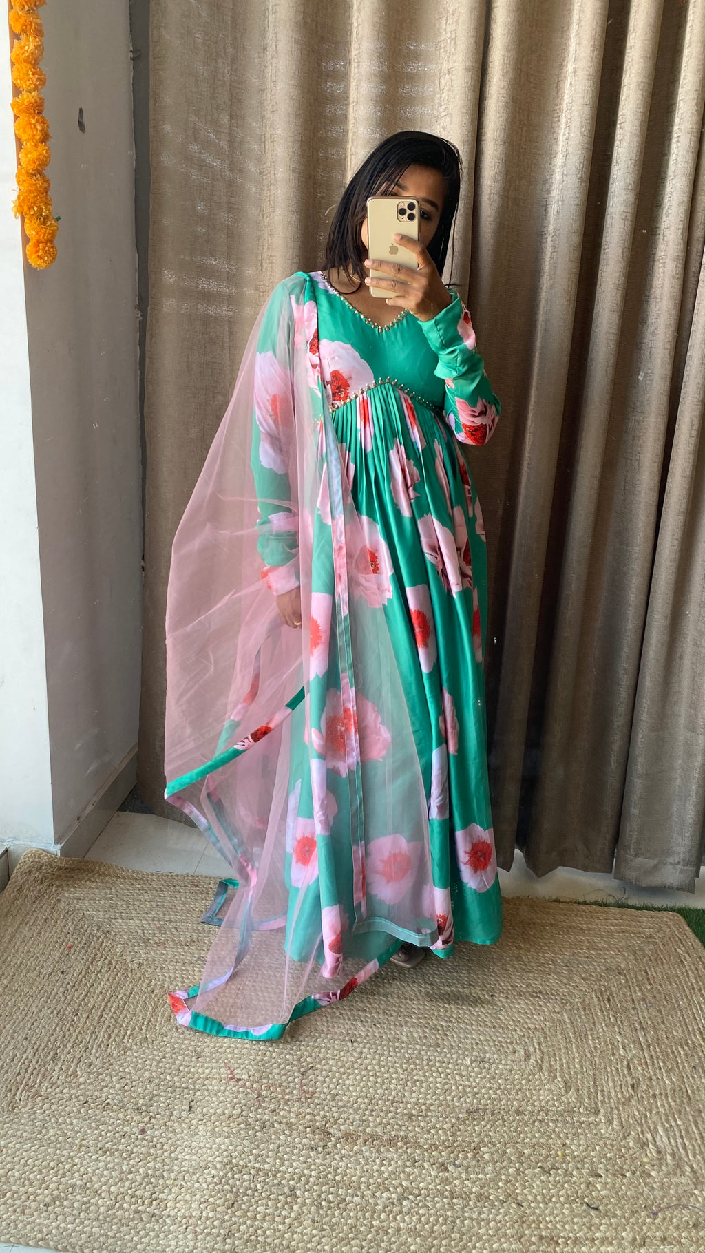 Sea green salwar suit of hand worked top and Duppata
