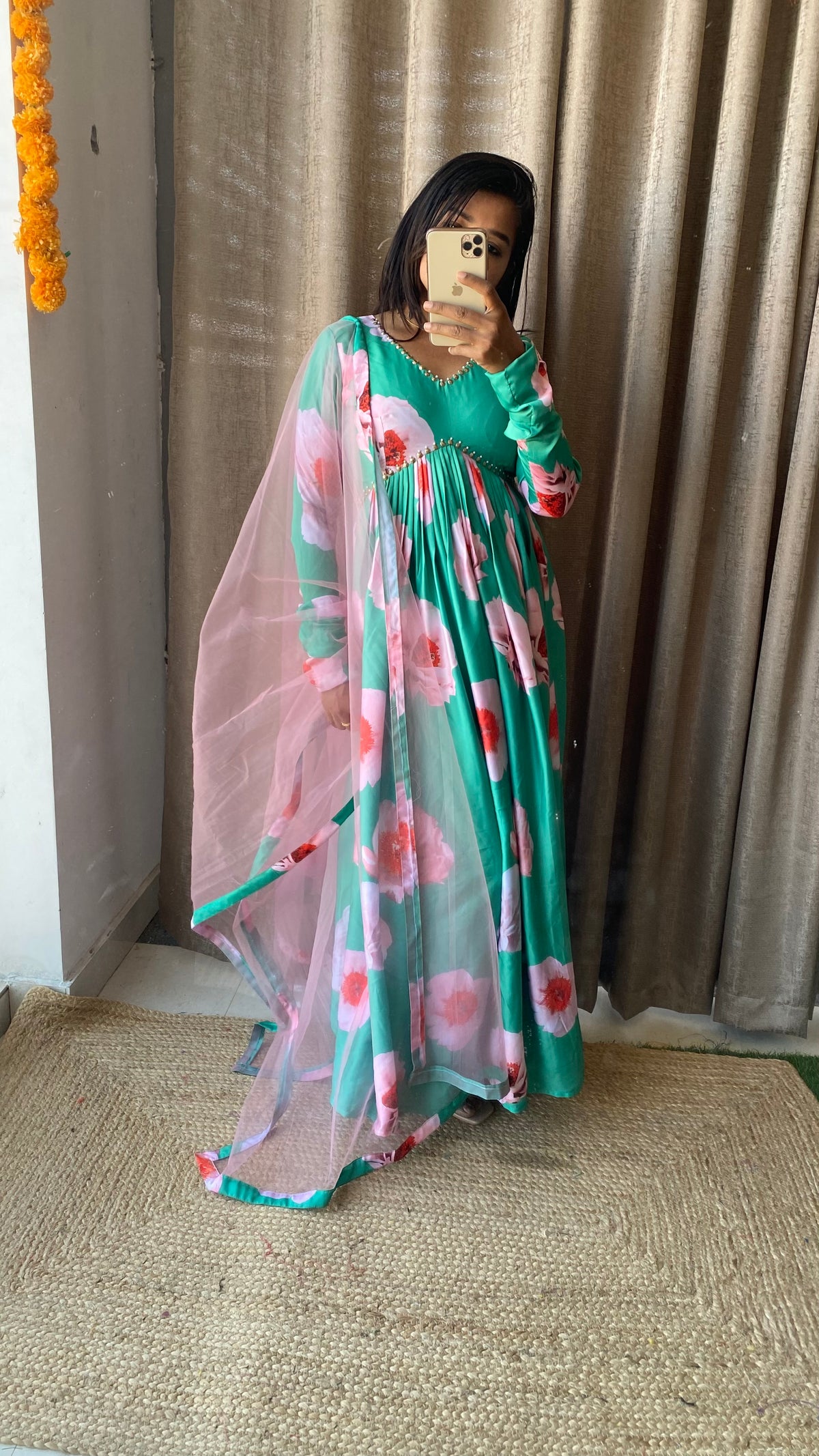 Sea green salwar suit of hand worked top and Duppata