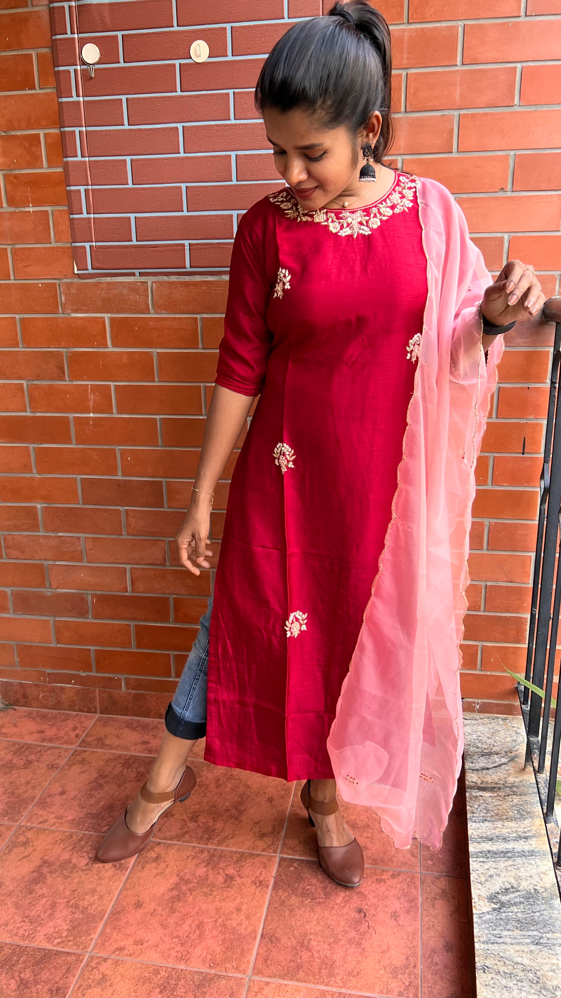 Red muslin silk embroidery hand worked 2 piece kurti set Threads