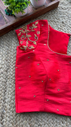 Red silk floral sleeves hand worked blouse