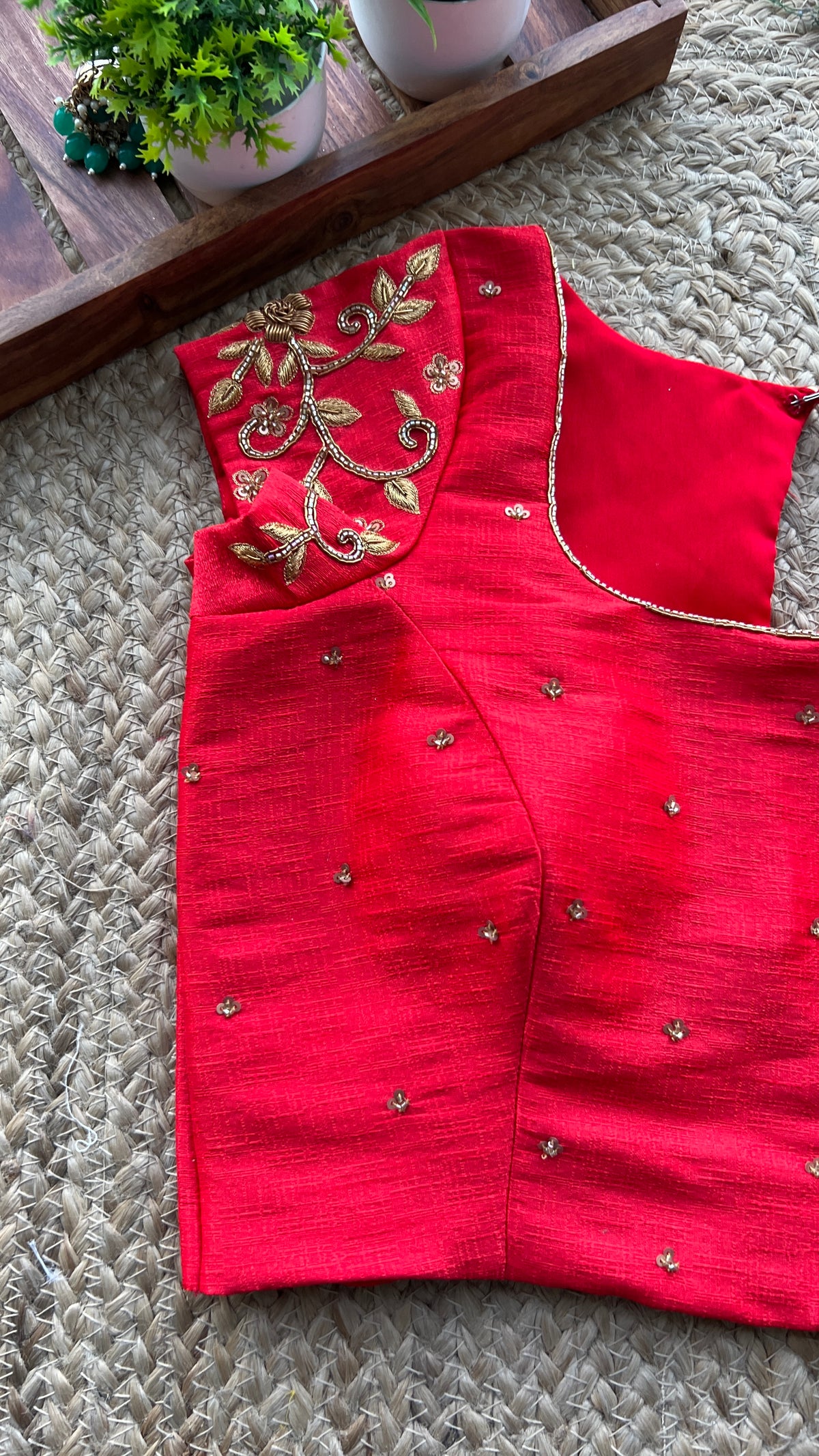 Red silk floral sleeves hand worked blouse